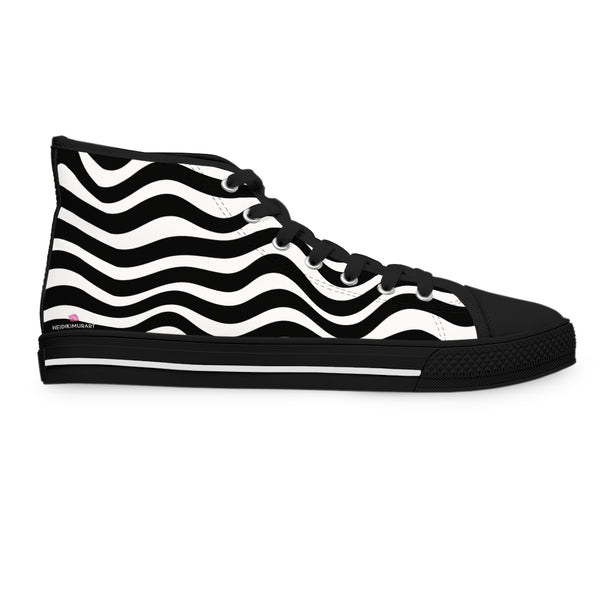 Black White Wavy Ladies' High Tops, Best Women's High Top Sneakers