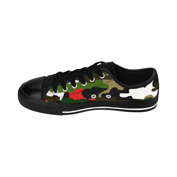 Green Camo Red Military Army Print Premium Men's Low Top Canvas Sneakers Shoes-Men's Low Top Sneakers-Heidi Kimura Art LLC Green Camo Red Men's Sneakers, Camouflage Red Green Military Army Print Designer Men's Running Low Top Sneakers Shoes, Men's Designer Camo Print Tennis Shoes (US Size 7-14)