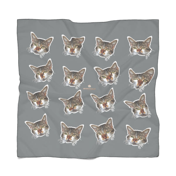 Gray Cat Print Poly Scarf, Cute Fashion Accessories For Cat Lovers- Made in USA-Accessories-Printify-Poly Voile-25 x 25 in-Heidi Kimura Art LLC