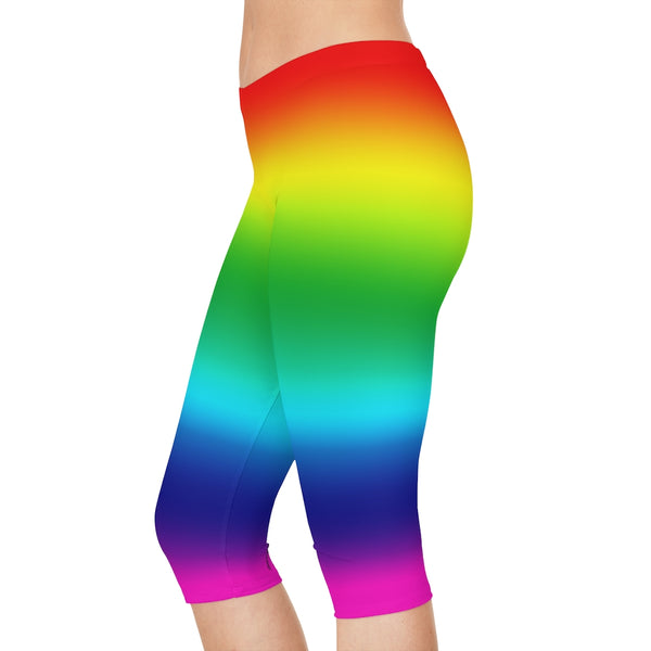Rainbow Women's Capri Leggings, Modern Gay Pride Rainbow Print American-Made Best Designer Premium Quality Knee-Length Mid-Waist Fit Knee-Length Polyester Capris Tights-Made in USA (US Size: XS-3XL) Plus Size Available
