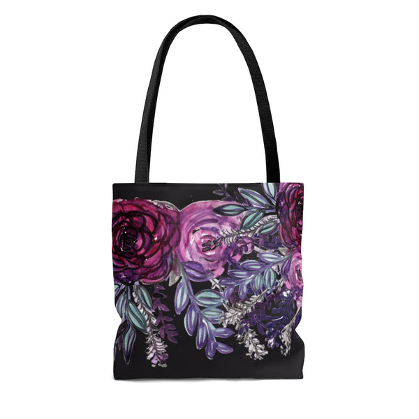 Black Rose Floral Tote Bag, Spring Roses Flower Print Designer Colorful Square 13"x13", 16"x16", 18"x18" Premium Quality Market Tote Bag - Made in USA