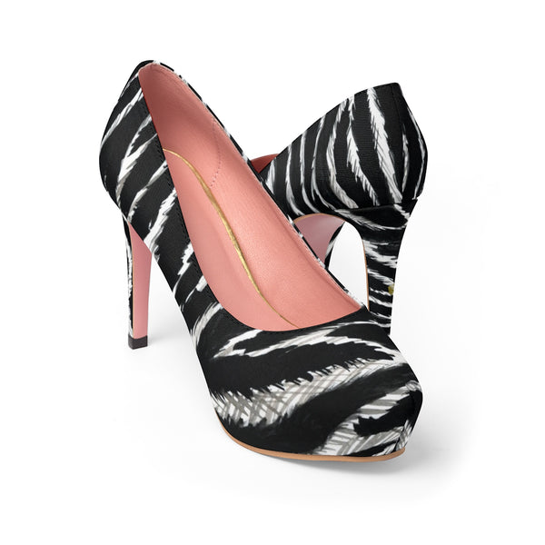Zebra Black White Animal Stripe Print Designer Women's Platform Heels (US Size: 5-11)-4 inch Heels-Heidi Kimura Art LLC