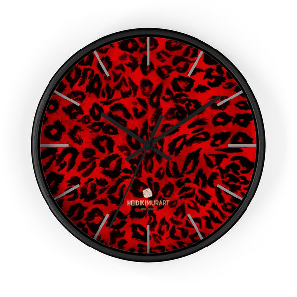 Red Leopard Animal Print 10" Diameter Large Wall Clock- Made in USA-Wall Clock-10 in-Black-Black-Heidi Kimura Art LLC