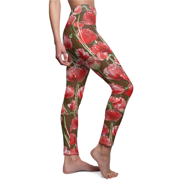 Brown Poppy Floral Casual Tights, Women's Floral Casual Leggings