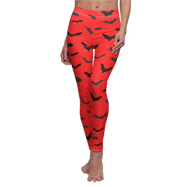 Bright Red Black Bats Print Women's Halloween Costume Casual Leggings- Made in USA-Casual Leggings-Heidi Kimura Art LLC