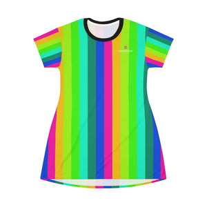Rainbow Striped T-Shirt Dress, Gay Pride Vertical Striped Print Designer Crew Neck Women's Long Tee T-shirt Dress-Made in USA (US Size: XS-2XL)