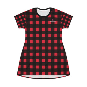 Red Buffalo Plaid T-Shirt Dress, Red and Black Plaid Print Best Designer Crew Neck Women's Long Tee T-shirt Dress-Made in USA (US Size: XS-2XL)