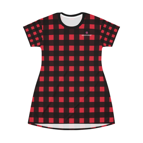 Red Buffalo Plaid T-Shirt Dress, Red and Black Plaid Print Best Designer Crew Neck Women's Long Tee T-shirt Dress-Made in USA (US Size: XS-2XL)