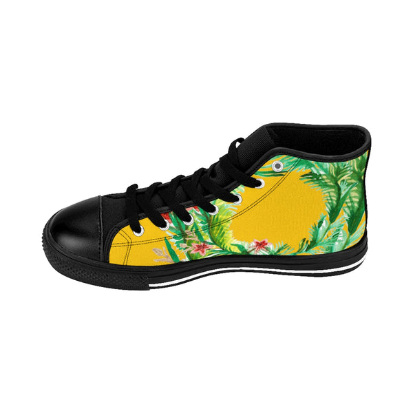 Mustard Yellow Red Floral Print Designer Men's High-top Sneakers Running Tennis Shoes-Men's High Top Sneakers-Heidi Kimura Art LLC