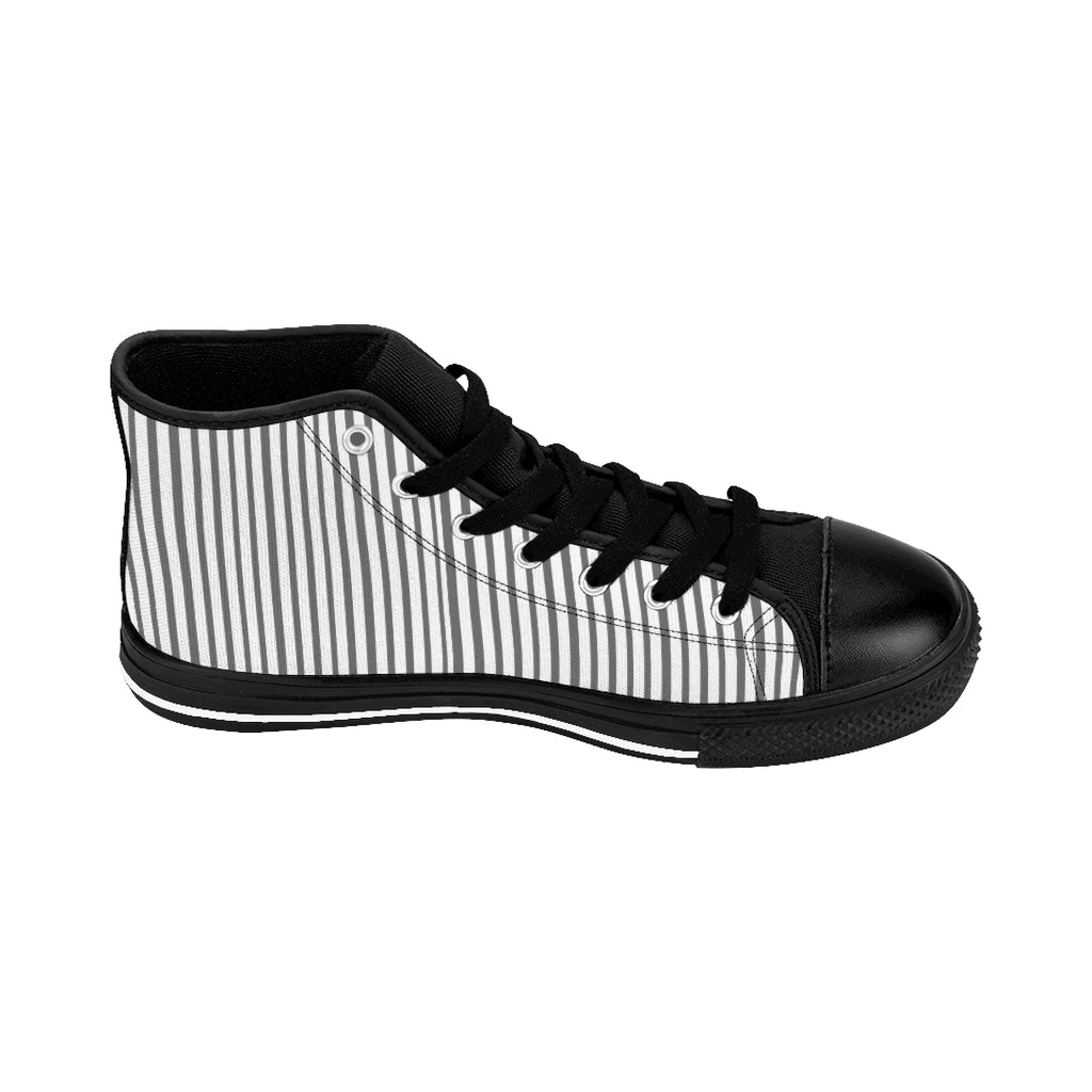 Grey Striped Men's High-top Sneakers, Modern Stripes Designer Tennis Running Shoes-Shoes-Printify-Black-US 9-Heidi Kimura Art LLC Grey Striped Men's High-top Sneakers, Grey White Modern Stripes Men's High Tops, High Top Striped Sneakers, Striped Casual Men's High Top For Sale, Fashionable Designer Men's Fashion High Top Sneakers, Tennis Running Shoes (US Size: 6-14)