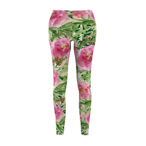 Dark Green Pink Rose Floral Print Women's Casual Leggings - Made in USA-Casual Leggings-M-Heidi Kimura Art LLC