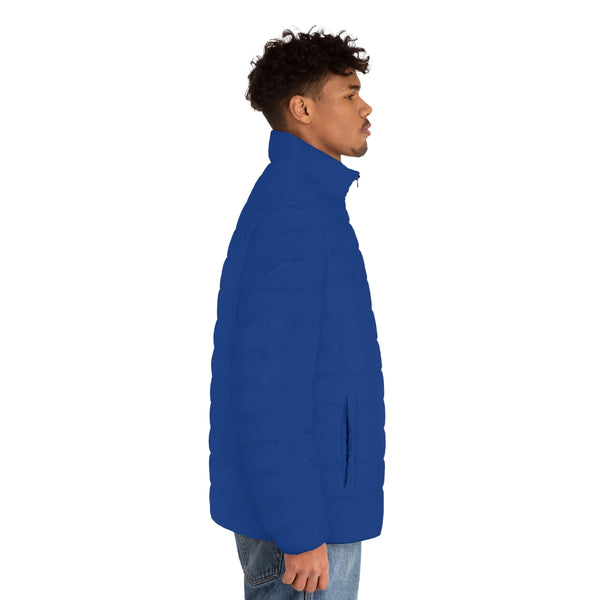 Dark Blue Color Men's Jacket, Best Regular Fit Polyester Men's Puffer Jacket With Stand Up Collar (US Size: S-2XL)