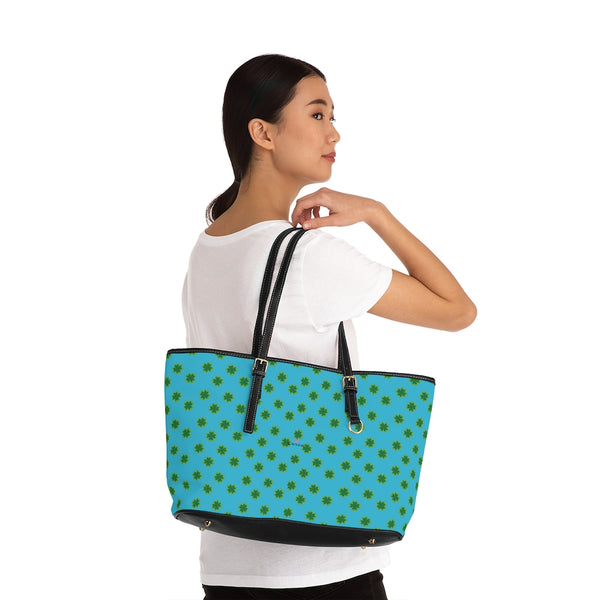 Blue Clovers Tote Bag, PU Leather Shoulder Hand Work Bag