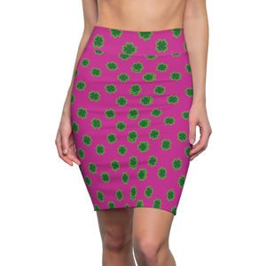 Hot Pink And Green Clover Leaf Print St. Patrick's Day Women's Pencil Skirt- Made in USA-Pencil Skirt-2XL-4 oz.-Heidi Kimura Art LLC