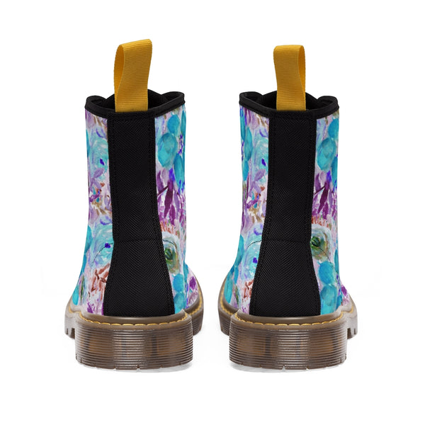 Blue Floral Men's Canvas Boots, Flower Print Luxury Premium Fashion Hiking Shoes (US Size: 7-10.5)-Men's Boots-Printify-ArtsAdd-Heidi Kimura Art LLC