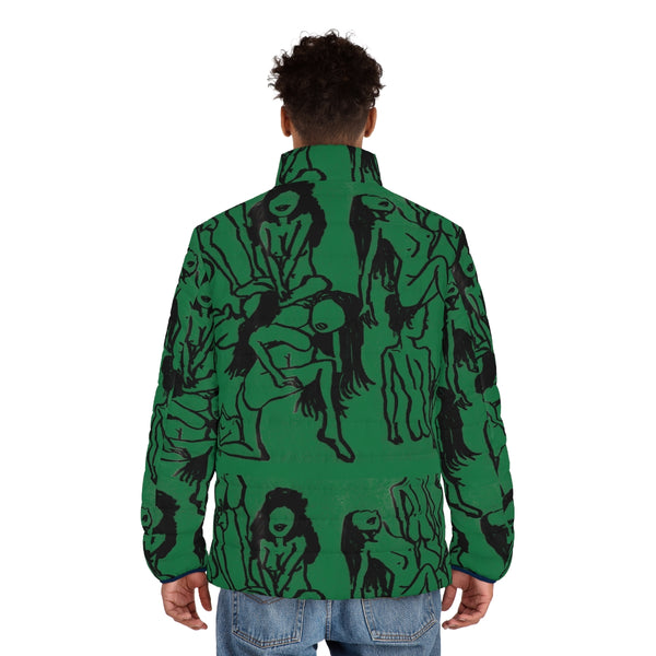 Green Nude Art Men's Jacket, Best Regular Fit Polyester Men's Puffer Jacket With Stand Up Collar (US Size: S-2XL)