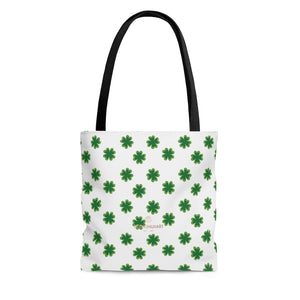 White Green 4 Leaf Lucky Clover Print St. Patrick's Day Irish Style Tote Bag- Made in USA-Tote Bag-Large-Heidi Kimura Art LLC