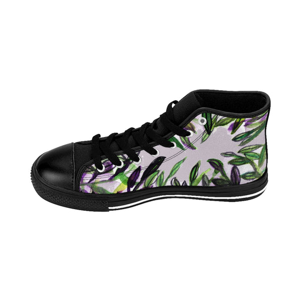 Light Gray Green Tropical Leaf Print Designer Men's High-top Sneakers Tennis Shoes-Men's High Top Sneakers-Heidi Kimura Art LLC