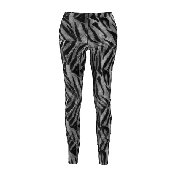 Gray Black Tiger Striped Animal Print Women's Casual Leggings - Made in USA-Casual Leggings-M-Heidi Kimura Art LLC
