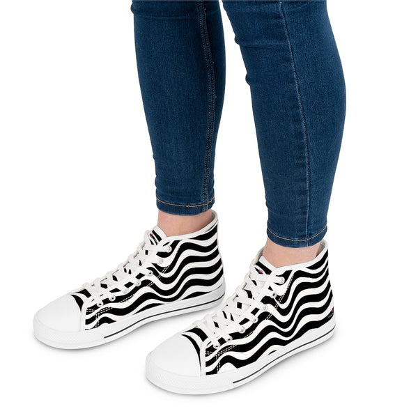 Black White Wavy Ladies' High Tops, Best Women's High Top Sneakers