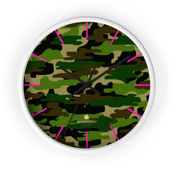 Green Camouflage Camo Army Military Print 10 in. Dia. Indoor Wall Clock- Made in USA-Wall Clock-10 in-White-Black-Heidi Kimura Art LLC