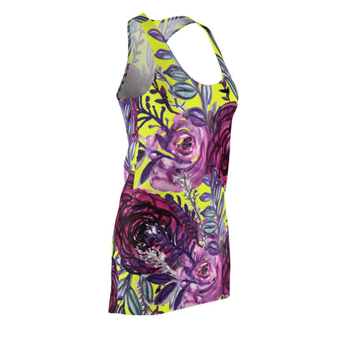 Yellow & Purple Floral Print Women's Racerback Dress - Made in USA (US Size: XS-2XL)-Women's Sleeveless Dress-Heidi Kimura Art LLC
