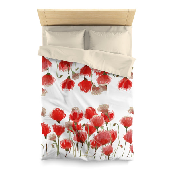 White Red Poppy Flower Floral Super Soft Polyester Microfiber Duvet Cover- Made in USA-Duvet Cover-Twin-Cream-Heidi Kimura Art LLC