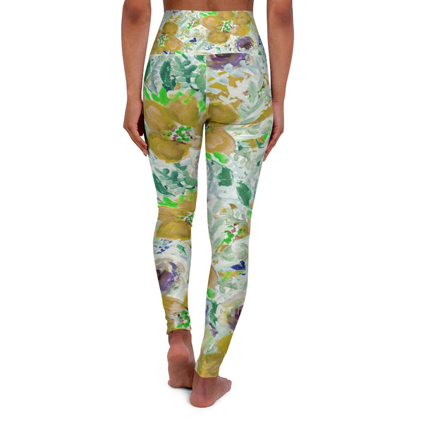 Yellow Floral Yoga Pants, High Waisted Yoga Leggings, Black Grey White Flower Print Women's Tights-All Over Prints-Printify-Heidi Kimura Art LLC