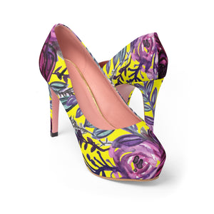 Yellow Purple French Vintage-Style Rose Floral Print Women's 4" Platform Heels-4 inch Heels-US 7-Heidi Kimura Art LLC
