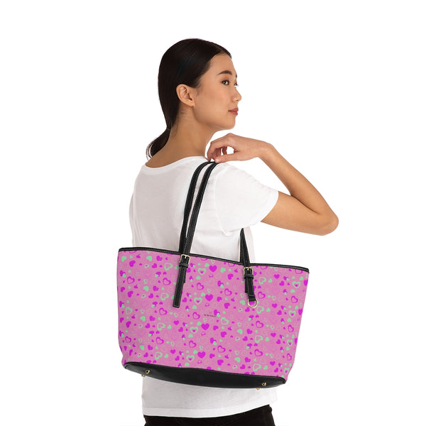 Pink Hearts Print Tote Bag, PU Leather Shoulder Hand Work Bag