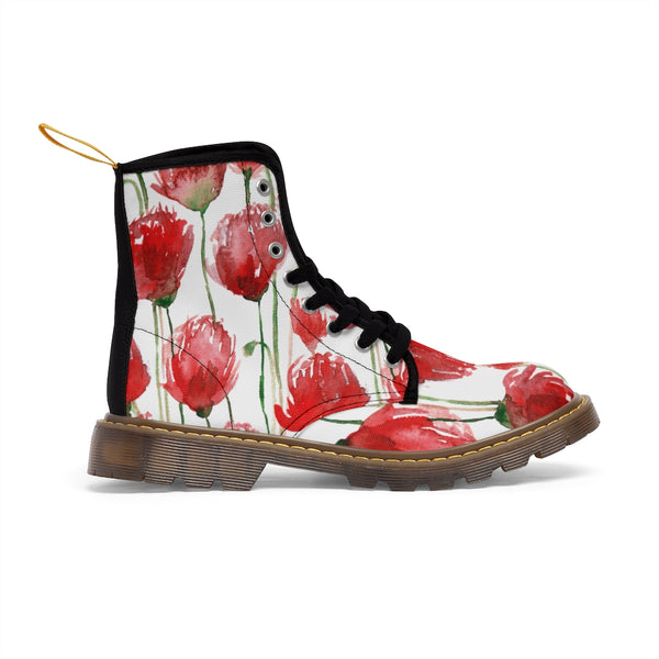 Red Poppy Floral Women's Boots, Poppy Flower White Best Cute Chic Best Flower Printed Elegant Feminine Casual Fashion Gifts, Combat Boots, Designer Women's Winter Lace-up Toe Cap Hiking Boots Shoes For Women (US Size 6.5-11)