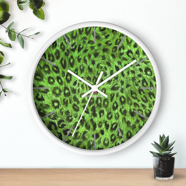 Green Leopard Print Wall Clock,  Numeric 10 inch Diameter Wall Clock, Large Round Wood Girl Children Bedroom Wall Clock