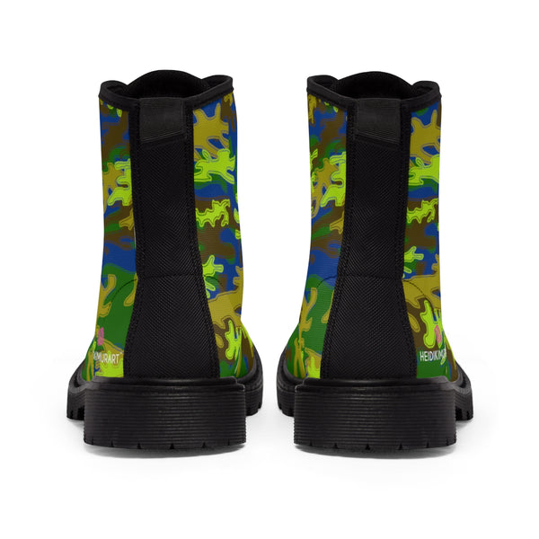 Blue Green Camouflage Women's Boots, Blue Green Army Military Print Casual Fashion Gifts, Camo Shoes For Veteran Wife or Mom or Girlfriends, Combat Boots, Designer Women's Winter Lace-up Toe Cap Hiking Boots Shoes For Women (US Size 6.5-11)