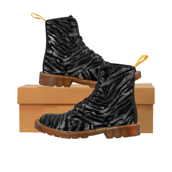 Black Tiger Stripe Animal Print Designer Women's Winter Lace-up Toe Cap Boots (US 6.5-11)-Women's Boots-Heidi Kimura Art LLC