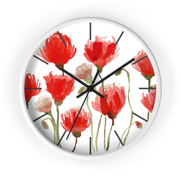Orange Red Tulips Floral Print Large 10 inch Diameter Flower Wall Clock - Made in USA-Wall Clock-White-Black-Heidi Kimura Art LLC