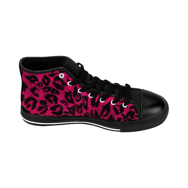 Hot Pink Leopard Animal Print Premium Men's High-top Fashion Sneakers Tennis Shoes-Men's High Top Sneakers-Heidi Kimura Art LLC