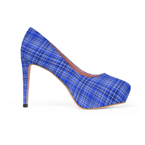 Scottish Blue Tartan Plaid Print Women's Platform Heels Stiletto Pumps (US Size: 5-11)-4 inch Heels-Heidi Kimura Art LLC