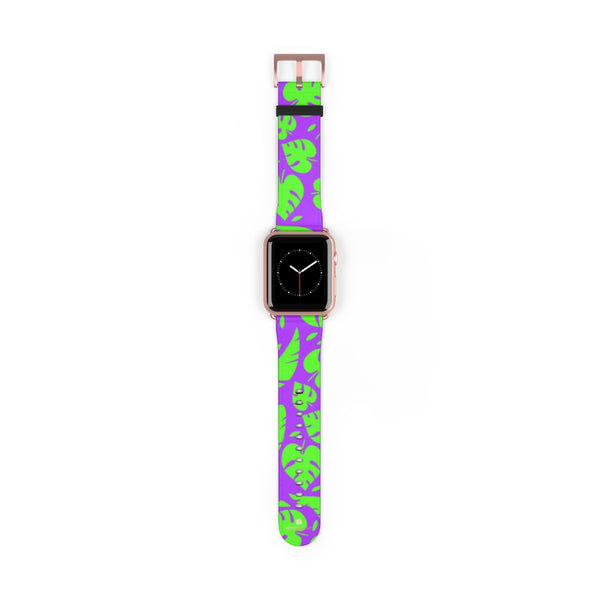Purple Green Tropical Leaf Print 38mm/42mm Watch Band For Apple Watch- Made in USA-Watch Band-42 mm-Rose Gold Matte-Heidi Kimura Art LLC