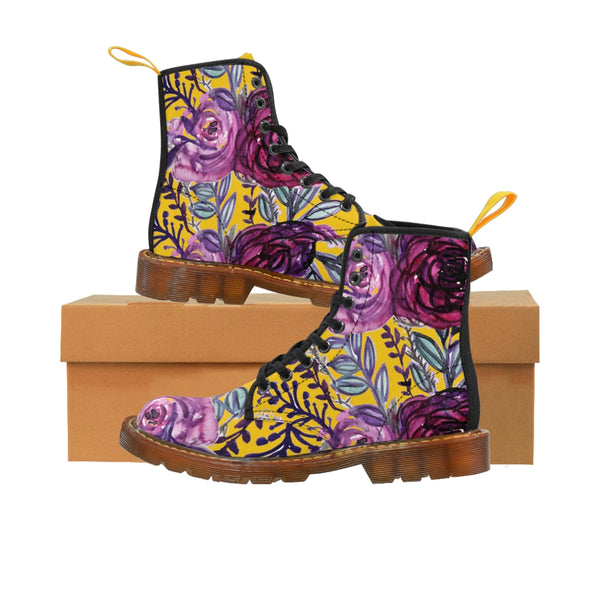 Yellow Purple Rose Women's Boots, Flower Rose Print Elegant Feminine Casual Fashion Gifts, Flower Rose Print Shoes For Rose Lovers, Combat Boots, Designer Women's Winter Lace-up Toe Cap Hiking Boots Shoes For Women (US Size 6.5-11)