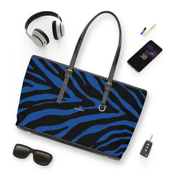 Navy Blue Zebra Tote Bag, Animal Print PU Leather Shoulder Hand Work Bag 17"x11"/ 16"x10" For Ladies