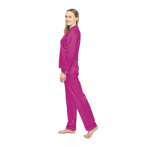 Hot Pink Women's Satin Pajamas, Luxury Premium Solid Color Loungewear For Women