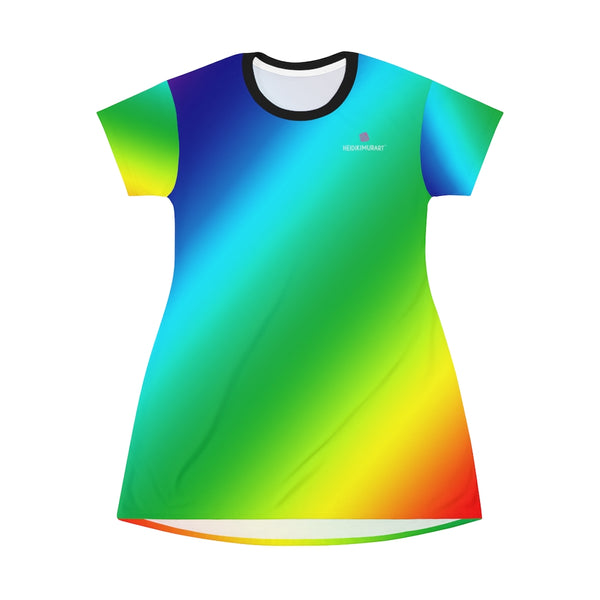 Rainbow Colorful T-Shirt Dress, Gay Pride Rainbow Print Designer Crew Neck Women's Long Tee T-shirt Dress-Made in USA (US Size: XS-2XL)