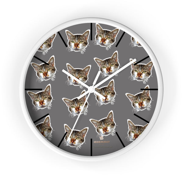 Gray Cat Print Wall Clock, Cute Calico Cat Unique 10" Dia. Indoor Wall Clocks- Made in USA-Wall Clock-10 in-White-White-Heidi Kimura Art LLC