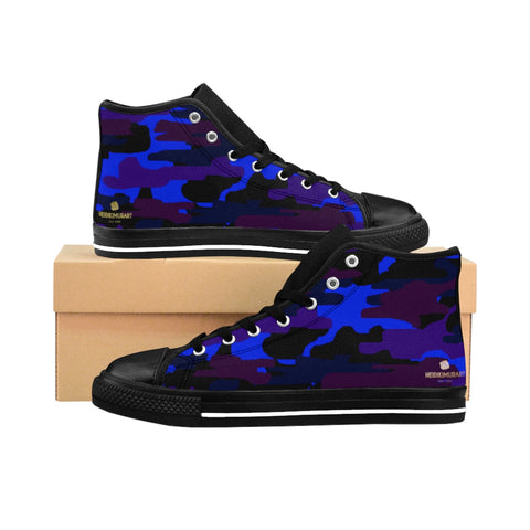 Dark Purple Blue Camouflage Camo Army Military Print Men's High-top Sneakers Shoes-Men's High Top Sneakers-Black-US 9-Heidi Kimura Art LLC