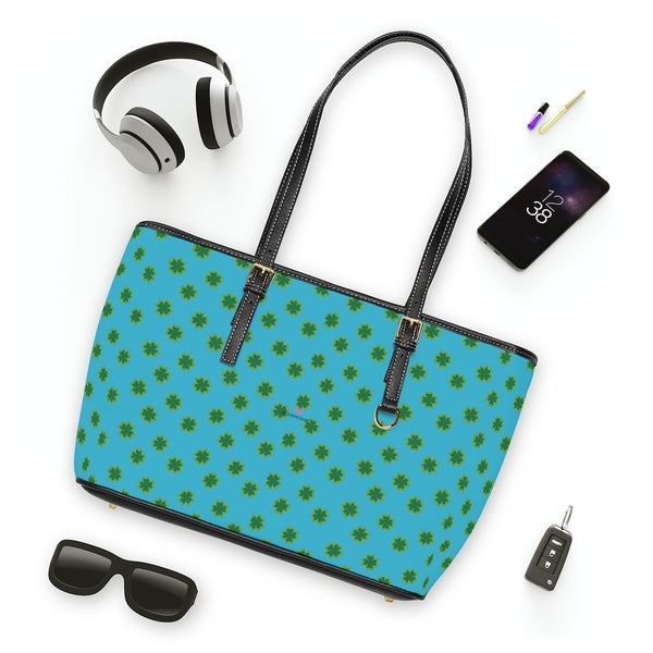 Blue Clovers Tote Bag, PU Leather Shoulder Hand Work Bag