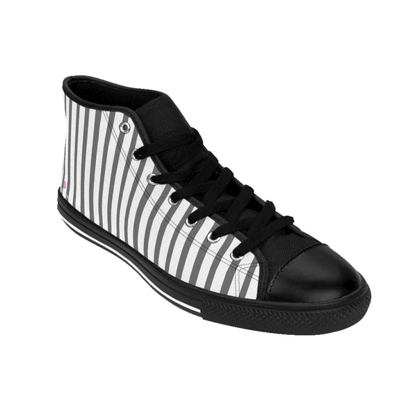 Grey Striped Men's High-top Sneakers, Grey White Modern Stripes Men's High Tops, High Top Striped Sneakers, Striped Casual Men's High Top For Sale, Fashionable Designer Men's Fashion High Top Sneakers, Tennis Running Shoes (US Size: 6-14)