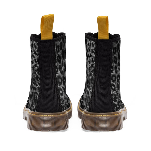 Black Leopard Women's Canvas Boots, Best Black Grey Leopard Animal Print Designer Women's Winter Lace-up Toe Cap Hiking Boots Shoes For Women (US Size 6.5-11)