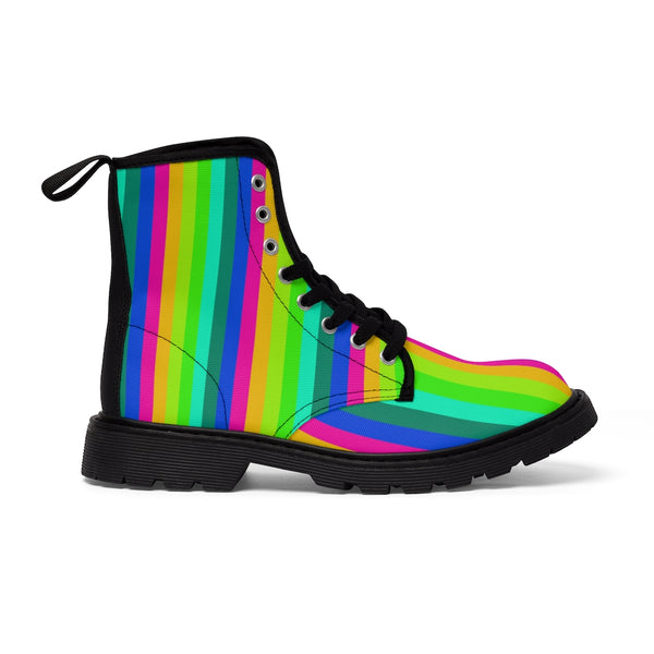 Rainbow Print Men Hiker Boots, Rainbow Stripes Best Colorful Print Men's Canvas Winter Laced Up Hiking Boots Anti Heat + Moisture Designer Best Men's Winter Combat Hunting Style Boots (US Size: 7-10.5)