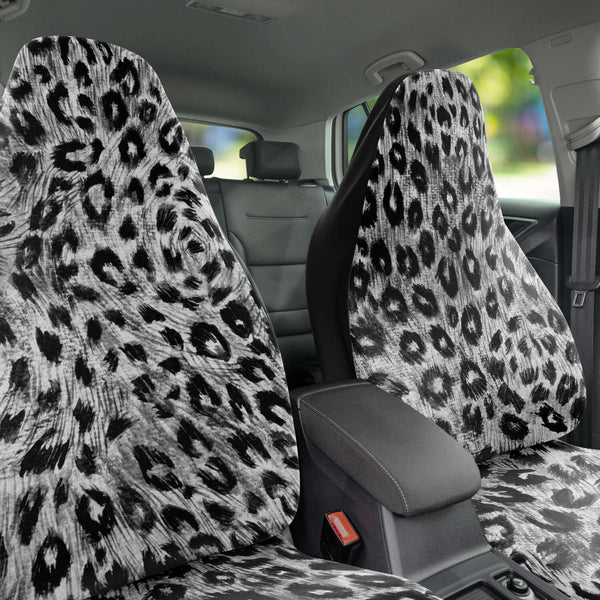 Leopard Car Seat Cover, Grey/ Gray Leopard Animal Print Designer Essential Premium Quality Best Machine Washable Microfiber Luxury Car Seat Cover - 2 Pack For Your Car Seat Protection, Cart Seat Protectors, Car Seat Accessories, Pair of 2 Front Seat Covers, Custom Seat Covers