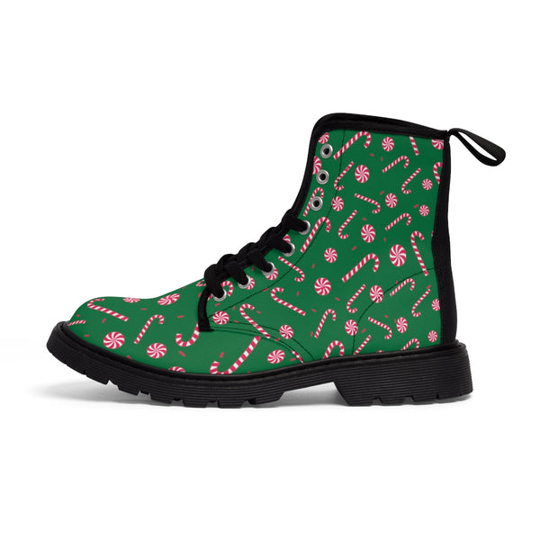 Green Christmas Women's Canvas Boots, Green Red Candy Cane Color Laced Up Winter Fashion Boots, Classic Christmas Festive Holiday Party Fun Designer Women's Winter Lace-up Toe Cap Ankle Hiking Boots (US Size 6.5-11) Casual Fashion Winter Boots For Ladies